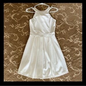 White Lined Fit & Flare Mini Dress Round Neck Bow Back Sleeveless CrossingStraps